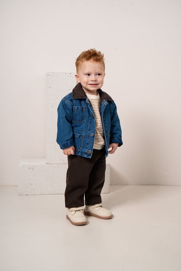 Erkek Bebek & Çocuk Orijinal Denim Kot Ceket Çizgili Sweat Pantolon 3'lü Takım