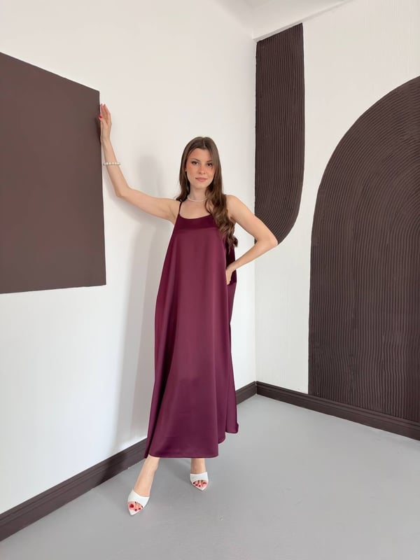 Askılı Uzun Saten Elbise Bordo