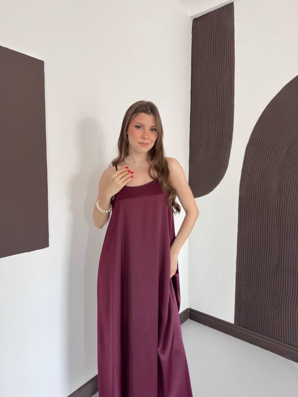 Askılı Uzun Saten Elbise Bordo