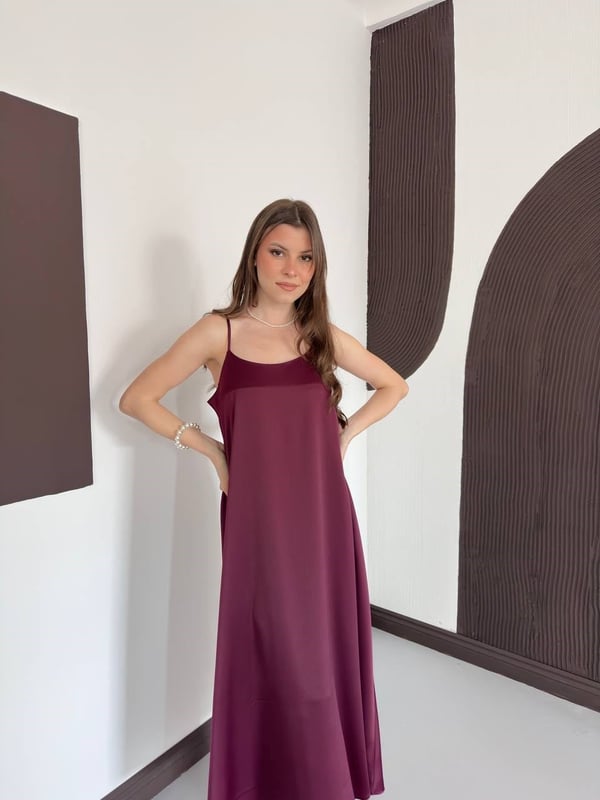 Askılı Uzun Saten Elbise Bordo