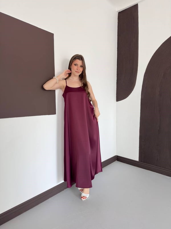 Askılı Uzun Saten Elbise Bordo