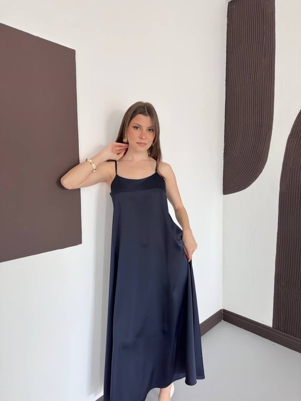 Askılı Uzun Saten Elbise Lacivert