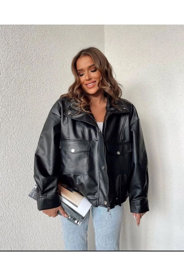 Çift Cep Yan Büzgülü Oversize Deri Ceket