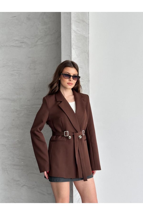 Çift Toka Detaylı Kuşaklı Blazer Ceket