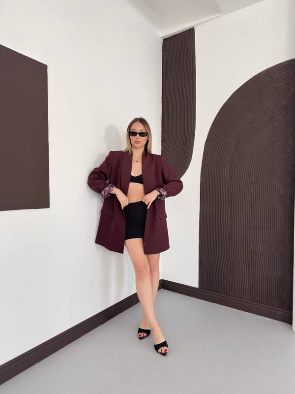 Desenli Astarlı Şal Yaka Blazer Ceket