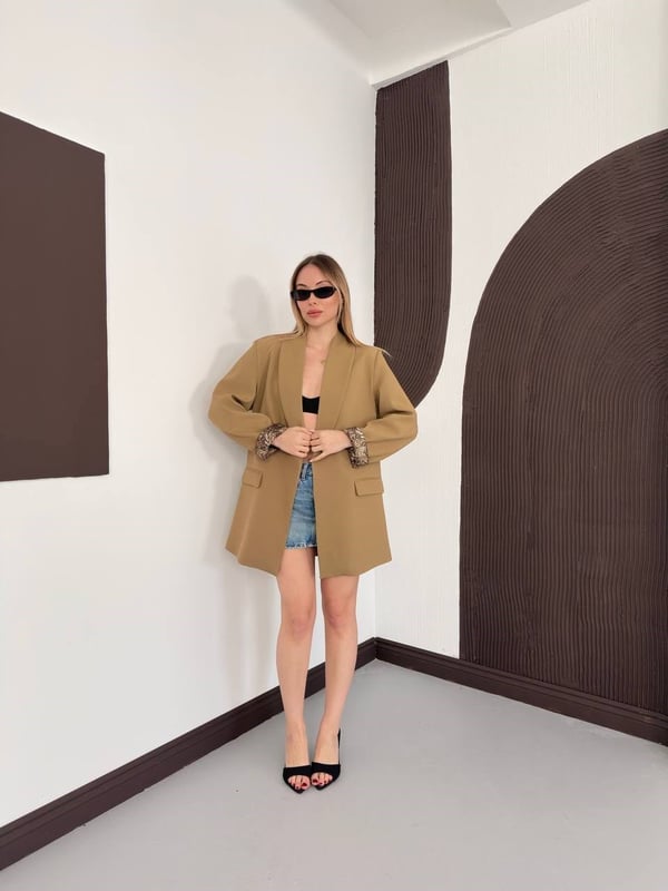 Desenli Astarlı Şal Yaka Blazer Ceket