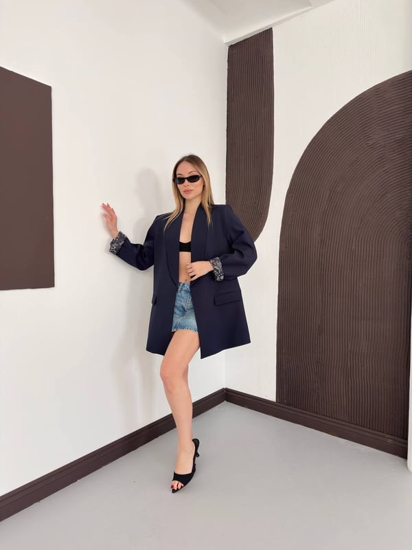 Desenli Astarlı Şal Yaka Blazer Ceket