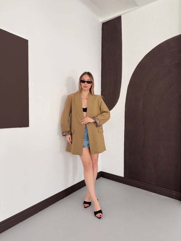 Desenli Astarlı Şal Yaka Blazer Ceket