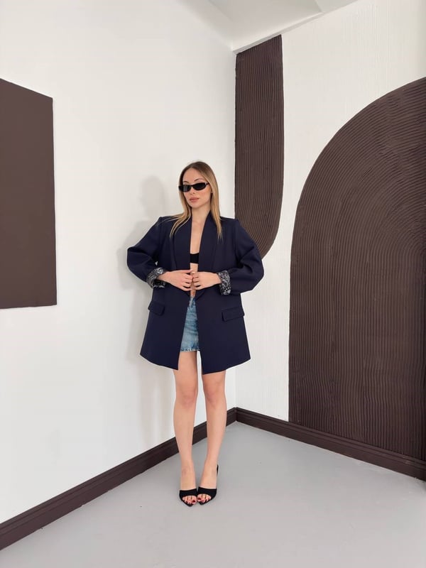 Desenli Astarlı Şal Yaka Blazer Ceket