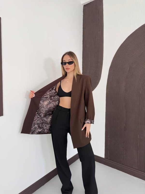 Desenli Astarlı Şal Yaka Blazer Ceket