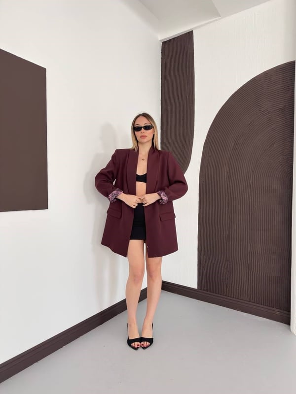 Desenli Astarlı Şal Yaka Blazer Ceket