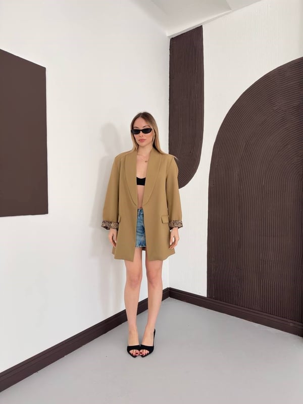 Desenli Astarlı Şal Yaka Blazer Ceket