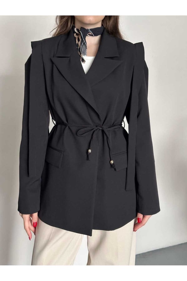 İp Bağlamalı Omuz Kuşak Tasarımlı Blazer Ceket