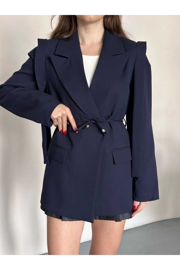 İp Bağlamalı Omuz Kuşak Tasarımlı Blazer Ceket