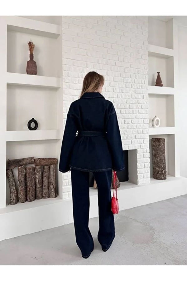 Kadın Bağlamalı Lacivert Ceket Pantolon Denim Takım