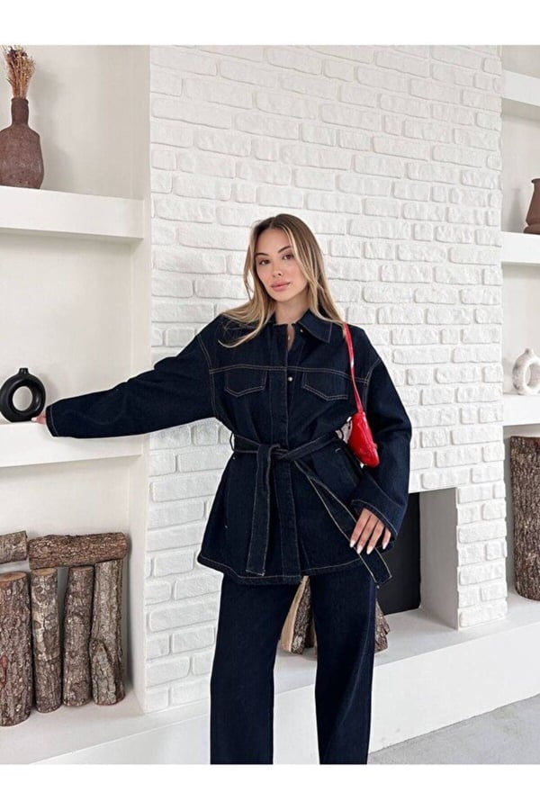 Kadın Bağlamalı Lacivert Ceket Pantolon Denim Takım