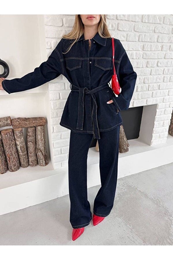 Kadın Bağlamalı Lacivert Ceket Pantolon Denim Takım