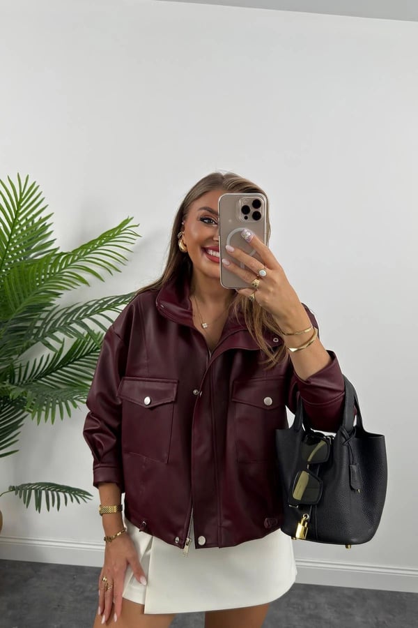 Kadın Bordo Çift Cep Yan Büzgülü Deri Ceket Bordo