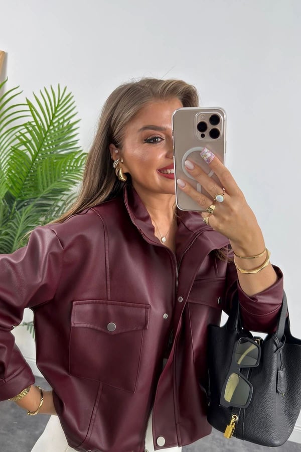 Kadın Bordo Çift Cep Yan Büzgülü Deri Ceket Bordo