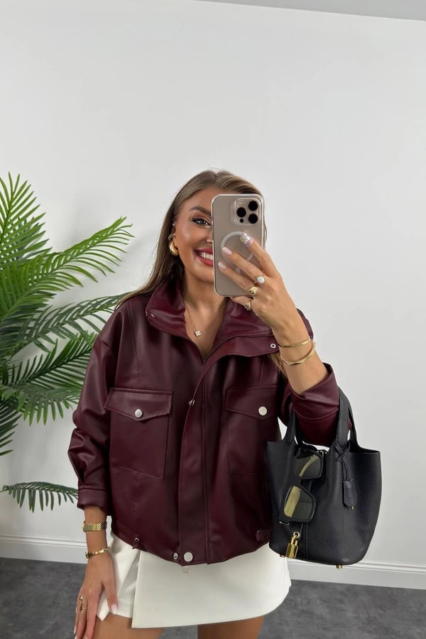 Kadın Bordo Çift Cep Yan Büzgülü Deri Ceket Bordo