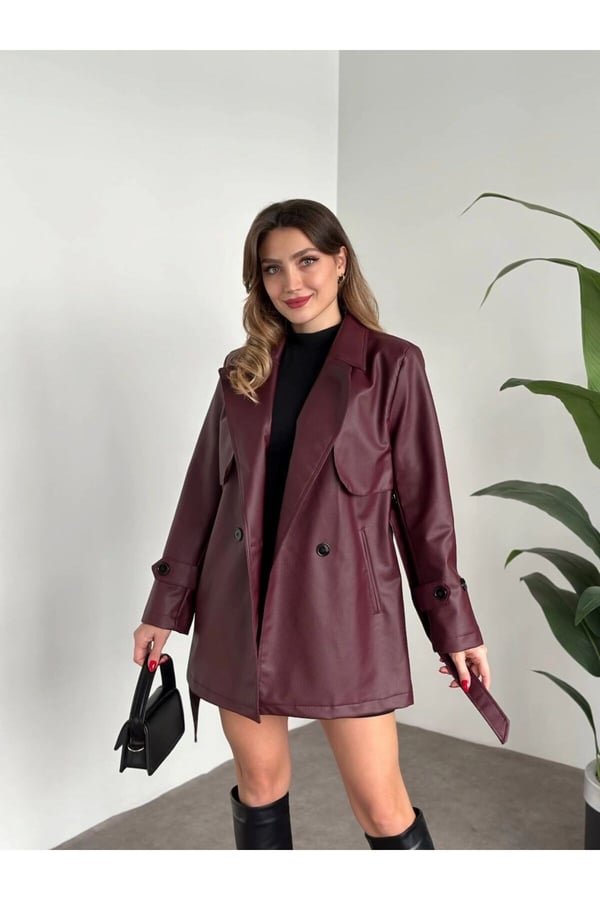 Kadın Bordo Suni Deri Kruvaze Yaka Kısa Trençkot