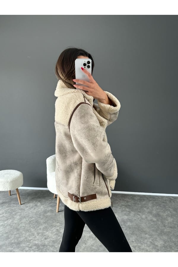 Kadın Içi Peluş Kürklü Oversize Kalıp Desenli Krem Nubuk Deri Mont