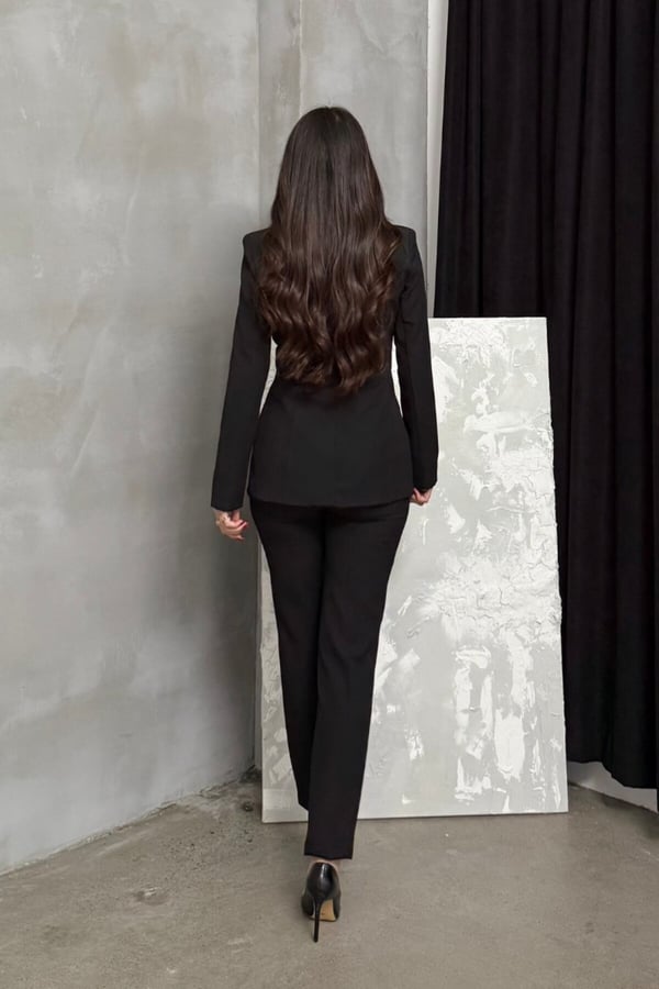 Kadın İkili Blazer Ceket Pantolon Takım Pile ve Düğme Detaylı Boru Paça