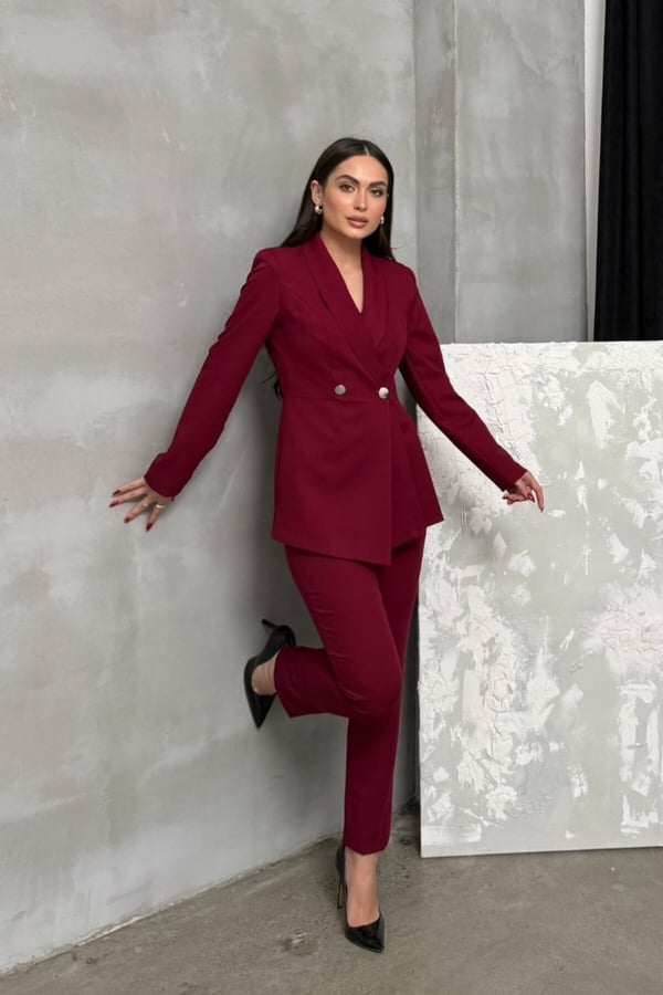 Kadın İkili Blazer Ceket Pantolon Takım Pile ve Düğme Detaylı Boru Paça