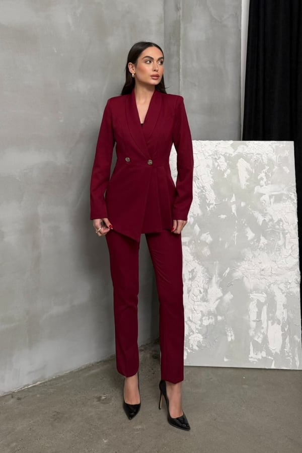 Kadın İkili Blazer Ceket Pantolon Takım Pile ve Düğme Detaylı Boru Paça