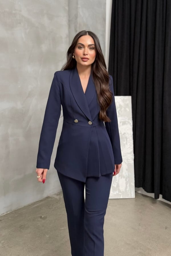 Kadın İkili Blazer Ceket Pantolon Takım Pile ve Düğme Detaylı Boru Paça