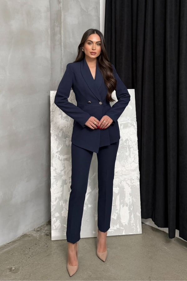 Kadın İkili Blazer Ceket Pantolon Takım Pile ve Düğme Detaylı Boru Paça
