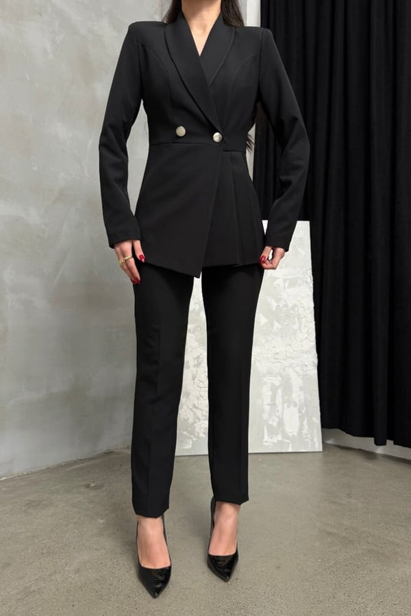 Kadın İkili Blazer Ceket Pantolon Takım Pile ve Düğme Detaylı Boru Paça