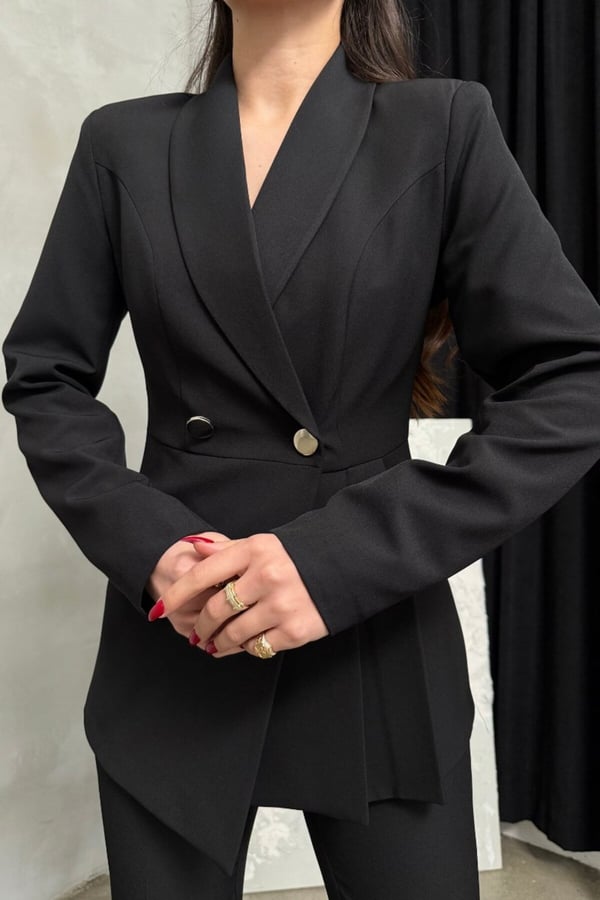 Kadın İkili Blazer Ceket Pantolon Takım Pile ve Düğme Detaylı Boru Paça