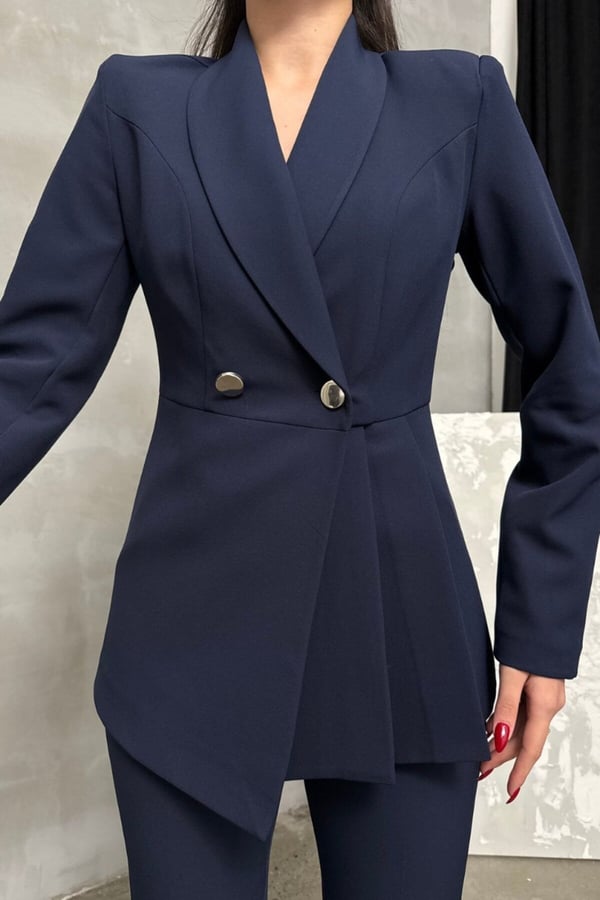 Kadın İkili Blazer Ceket Pantolon Takım Pile ve Düğme Detaylı Boru Paça