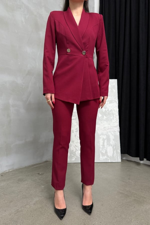 Kadın İkili Blazer Ceket Pantolon Takım Pile ve Düğme Detaylı Boru Paça