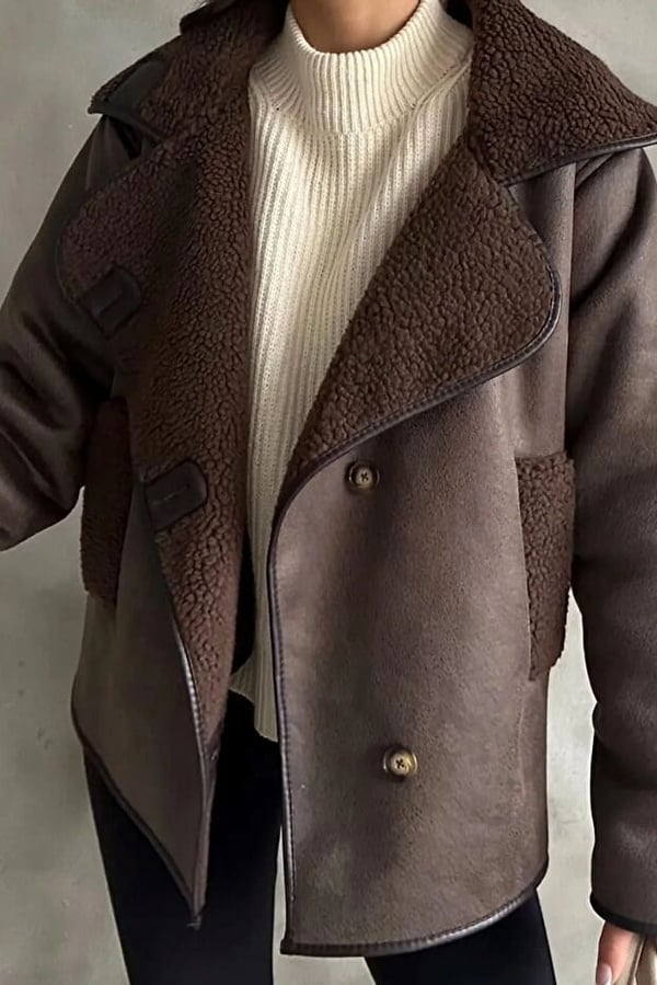 Kadın Oversize İçi Kürklü Deri Ceket Mont kahve