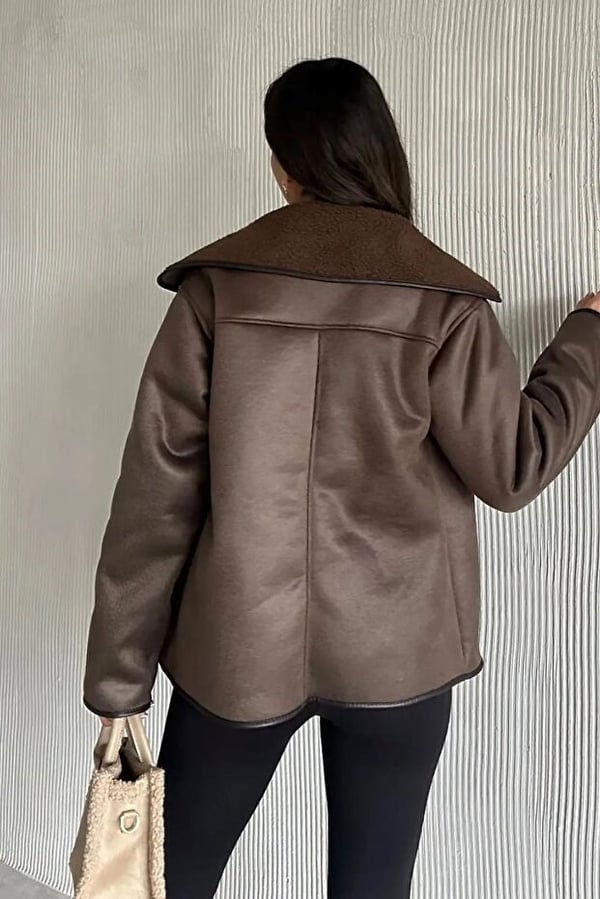 Kadın Oversize İçi Kürklü Deri Ceket Mont kahve