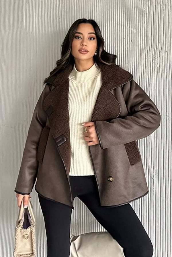 Kadın Oversize İçi Kürklü Deri Ceket Mont kahve