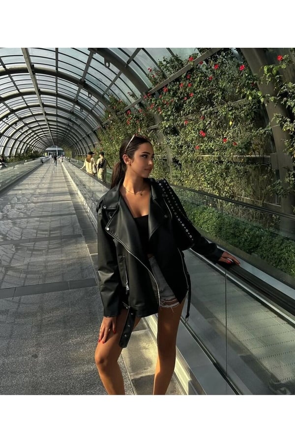 Kadın Oversize Toka Detaylı Deri Ceket
