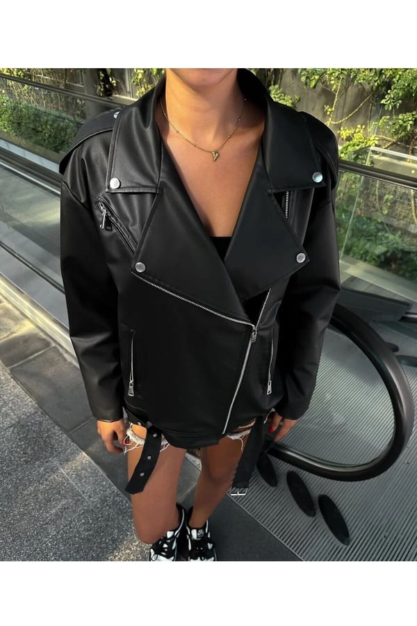 Kadın Oversize Toka Detaylı Deri Ceket