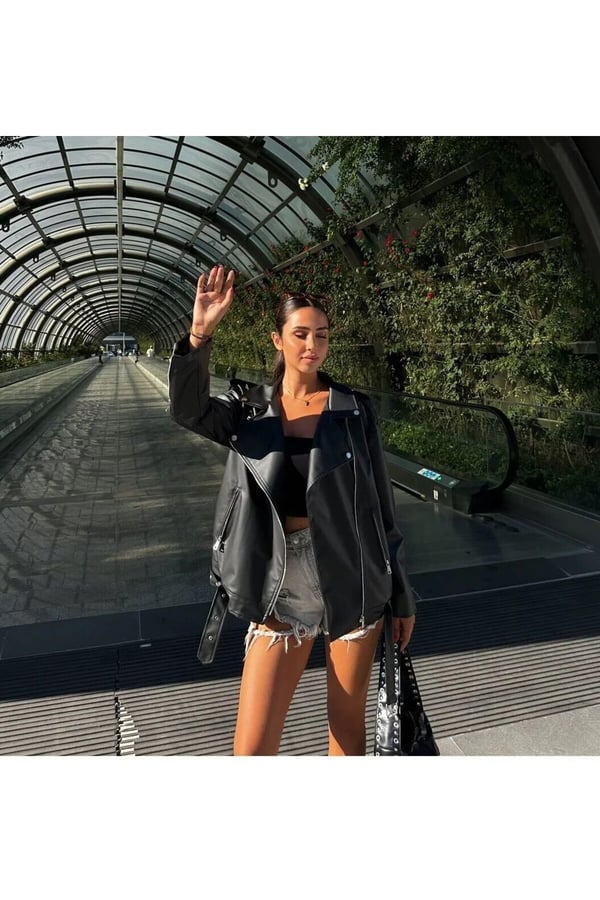 Kadın Oversize Toka Detaylı Deri Ceket