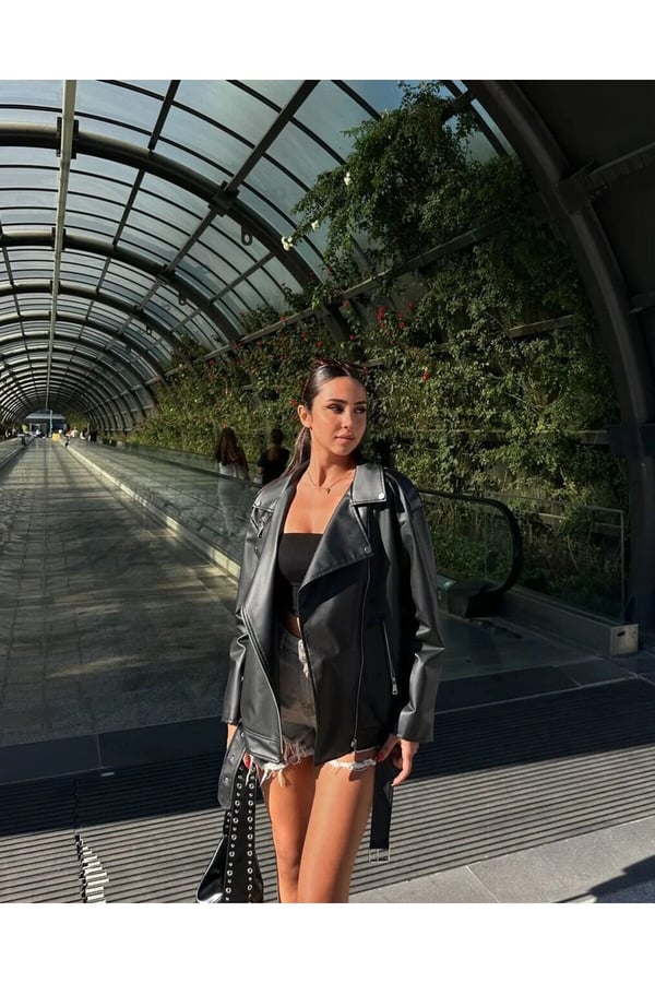 Kadın Oversize Toka Detaylı Deri Ceket