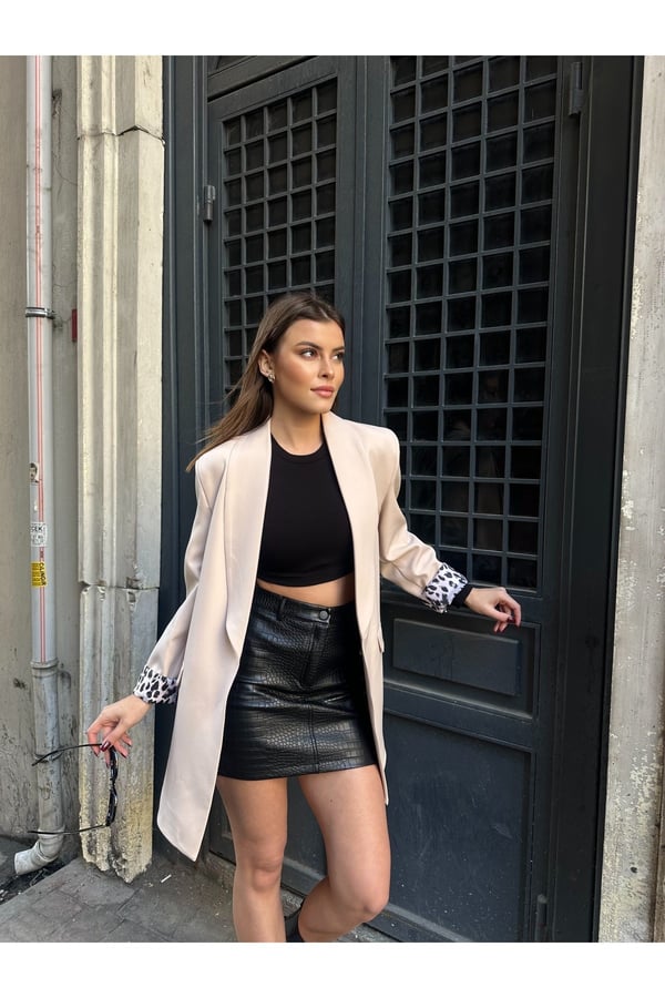 Kadın Yeni Sezon Leopar Astar Detaylı Uzun Blazer Ceket