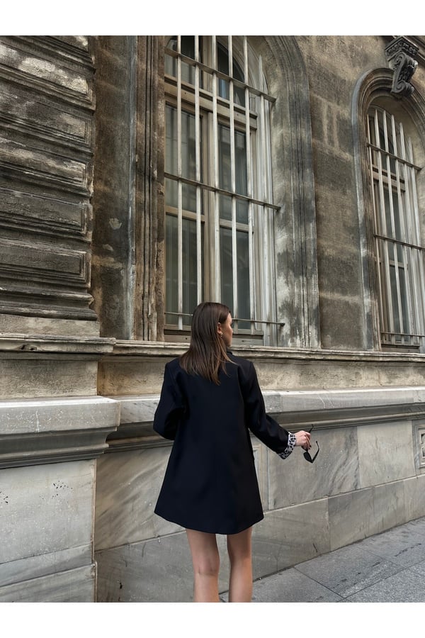Kadın Yeni Sezon Leopar Astar Detaylı Uzun Blazer Ceket