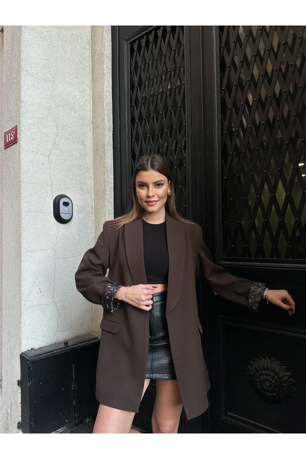 Kadın Yeni Sezon Leopar Astar Detaylı Uzun Blazer Ceket
