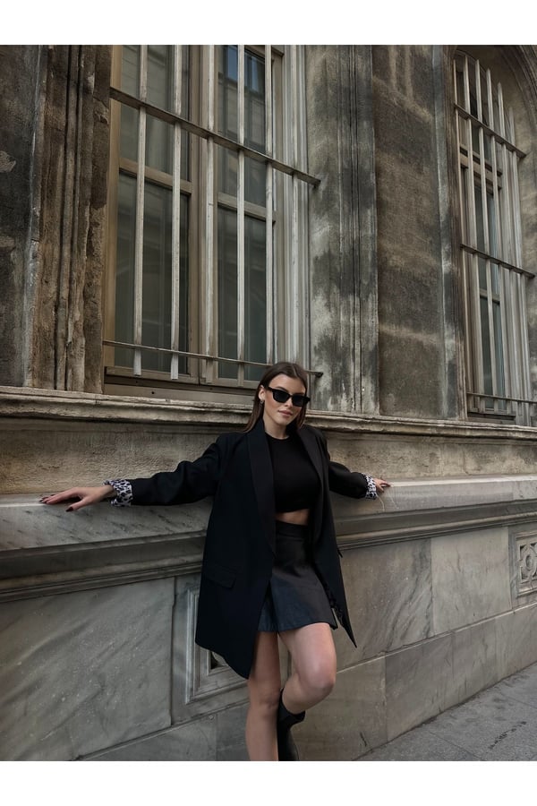 Kadın Yeni Sezon Leopar Astar Detaylı Uzun Blazer Ceket