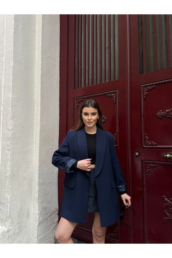 Kadın Yeni Sezon Leopar Astar Detaylı Uzun Blazer Ceket
