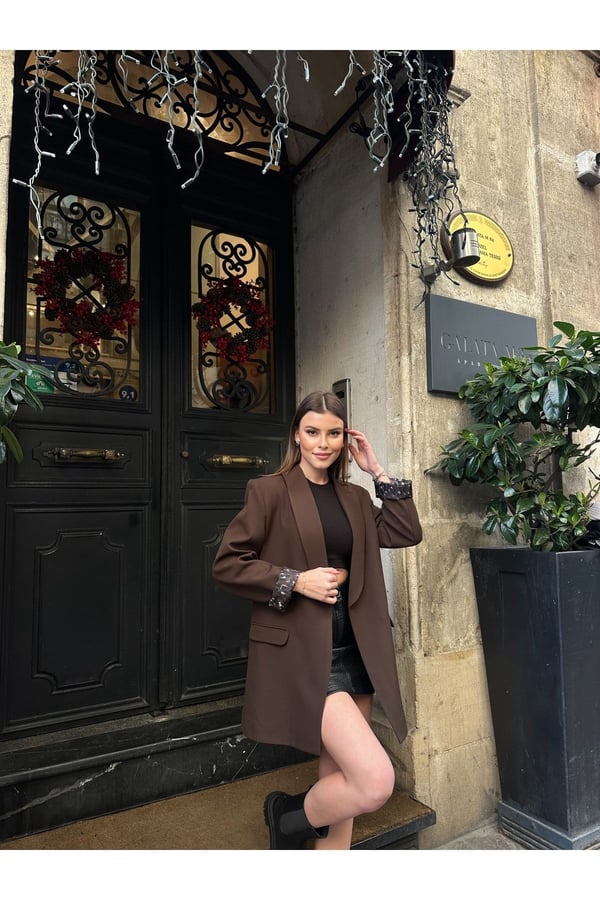 Kadın Yeni Sezon Leopar Astar Detaylı Uzun Blazer Ceket