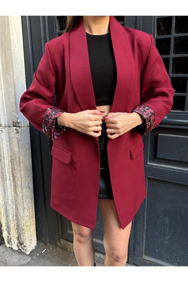 Kadın Yeni Sezon Leopar Astar Detaylı Uzun Blazer Ceket