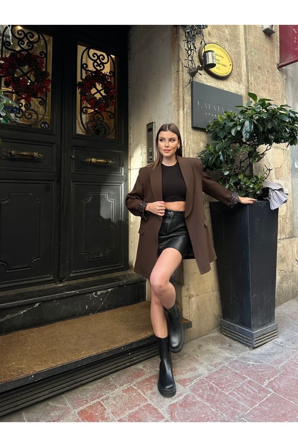 Kadın Yeni Sezon Leopar Astar Detaylı Uzun Blazer Ceket